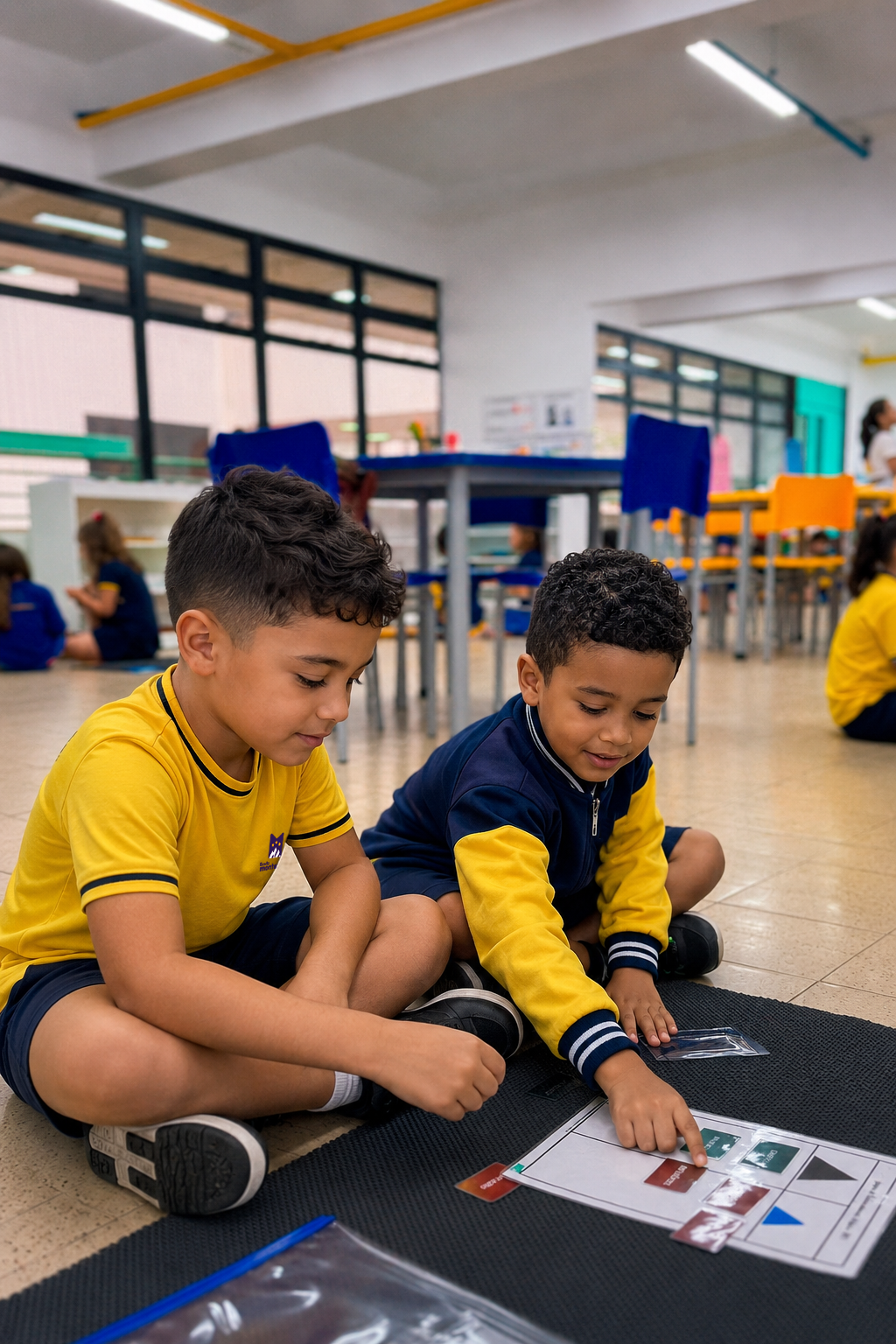 Alunos da Educação Infantil explorando materiais em uma sala Montessori